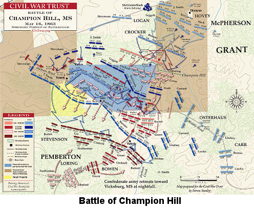 Color drawing of a map of the Champion Hill battlefield on May 16, 1863, showing the disposition and movement of Union troops in blue and Confederate troops in red
